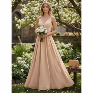 [Elegant] David's Bridal DB Studio Maxi Dress Women 14 Sand Chiffon V-Neck Gown